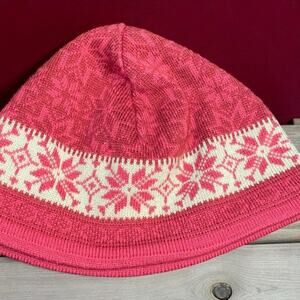 LL Bean Kids Girls Medium Beanie Cap Knit Skull Lined Snowflake Flower Pink